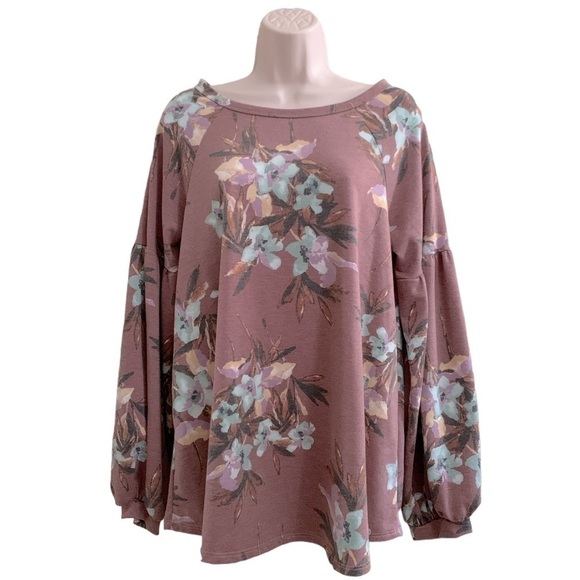 𝅺ANNABELLE Mauve Floral Long Balloon Sleeve Tunic Blouse - Picture 1 of 9